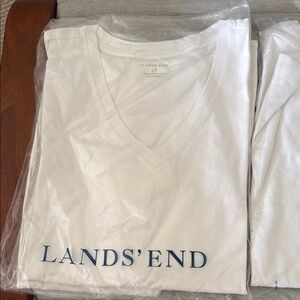 Lands' End White V-Neck Tee with Logo